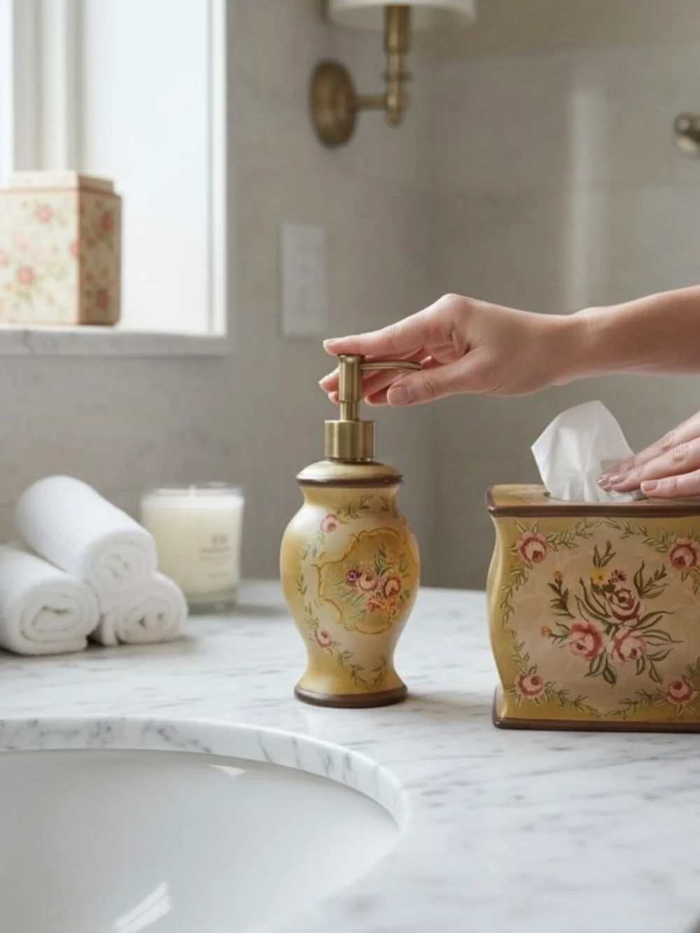tissue box cover And Soap Dispenser delicate floral Design Home Bathroom Decor